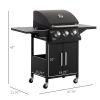 Outsunny Outdoor 3 Burner Gas Grill Portable BBQ Trolley with Wheels Warming Rack Shelves Cabinet Thermometer Black