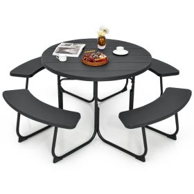8-Person Outdoor Picnic Table And Bench Set With Umbrella Hole (Color: BLACK)