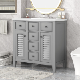 36 Bathroom Vanity With Ceramic Basin, Two Cabinets And Five Drawers, Solid Wood Frame, Grey (Color: Grey)