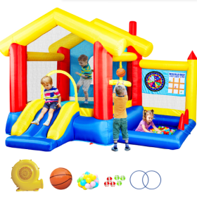 8 In 1 Inflatable Bounce House With Blower Basketball Hoop Ocean Balls Ring-toss Game Target And Sticky Ball Game For Kids (Option: MultiColor)