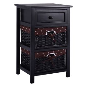 3 Tiers Wooden Storage Nightstand With 2 Baskets And 1 Drawer (Color: BLACK)