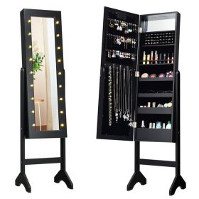 Mirrored Standing Jewelry Armoire Cabinet With LED Lights (Color: BLACK)