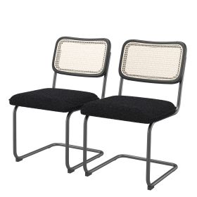 2-Pack Teddy Velvet Dining Chairs With High-Density Sponge, Rattan For Room (Color: BLACK)