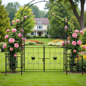 Garden Arch Arbor Trellis For Climbing Plants With Gate, Durable Metal Garden Arch Outdoor Wedding Arch, For Wedding Ceremony Party Plant Climbin (Color: BLACK)