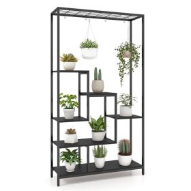 6-Tier Tall Plant Stand 71 Inch Metal Indoor Plant Shelf with 10 Hanging Hooks (Main Color: Black, Main Material: Wood+Metal)