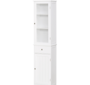 Kleankin Slim Bathroom Storage Cabinet Tall Narrow Linen Tower With Acrylic Door Drawer And Shelves White (Color: White)