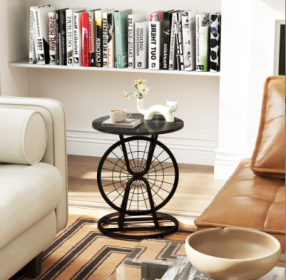 2 Piece Vintage Industrial Wheel Design Side Table, Round Accent Table With Metal Frame, Rustic Coffee Table For Living Room, Bedroom, And Office (Color: BLACK)
