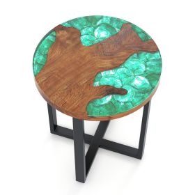 Solid Live Edge Round Teak Wood Outdoor End Table With Epoxy Resin Tabletop (Option: Brown and Green)