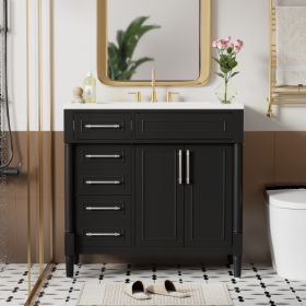 36'' Bathroom Vanity With Top Resin Sink, Freestanding Bathroom Storage Cabinet With 2 Drawers And A Tip-out Drawer, Solid Wood Frame Vanity Set, (Color: BLACK)
