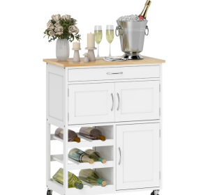 Rolling Kitchen Cart, White, Island With Storage Drawer, 9-Bottle Wine Rack, Door Cabinets, Wooden Countertop (Option: Wooden countertop)